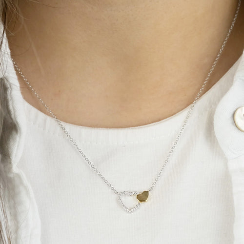 Woman Wearing Silver & Gold Heart Beat CZ Necklace