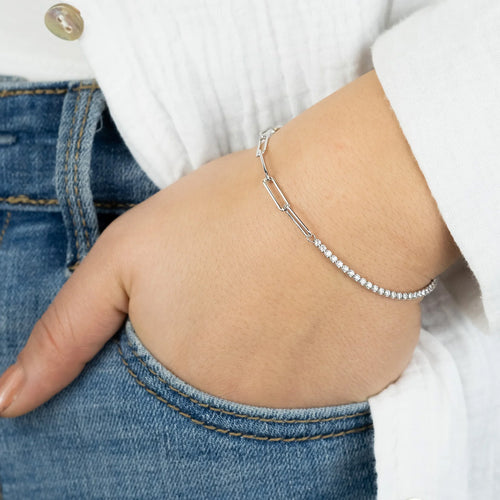 Woman Wearing Sterling Silver Paper Clip Shiny CZ Charm Bracelet