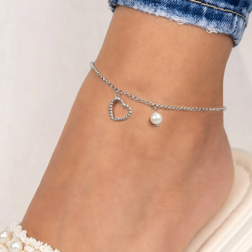 Woman Wearing Stainless Steel Heart & Pearl Anklet