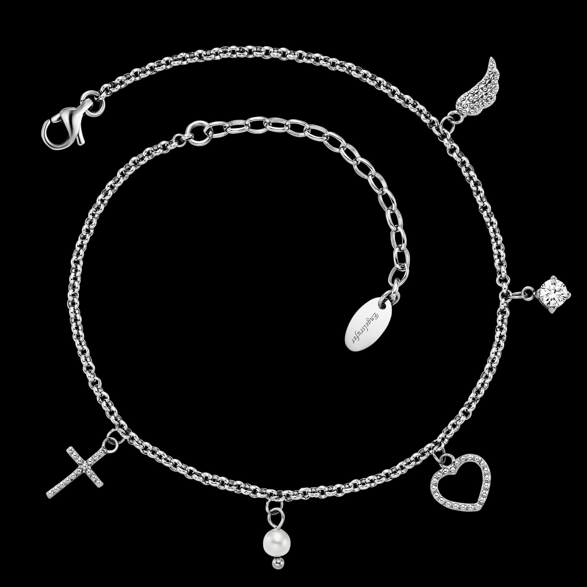 Faith Love Hope Cross Heart Angel Wing Stainless Steel Anklet | Engelsrufer Australia