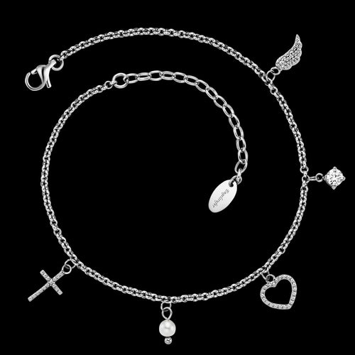 Faith Love Hope Cross Heart Angel Wing Stainless Steel Anklet | Engelsrufer Australia