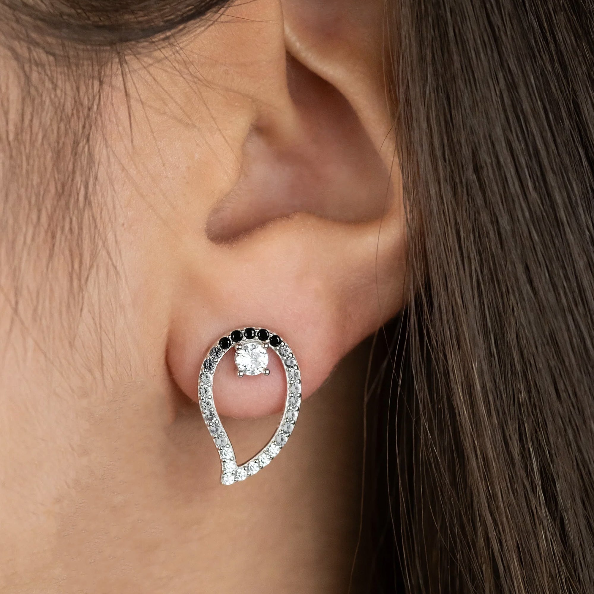 Woman Wearing Sterling Silver Dark Shade Yin Yang Balance CZ Earrings