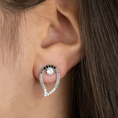 Woman Wearing Sterling Silver Dark Shade Yin Yang Balance CZ Earrings