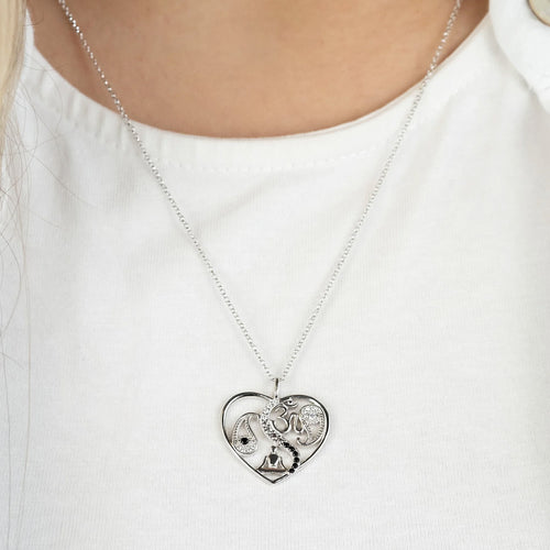 Woman Wearing Silver Yin Yang Balance Buddha Om Heart CZ Necklace