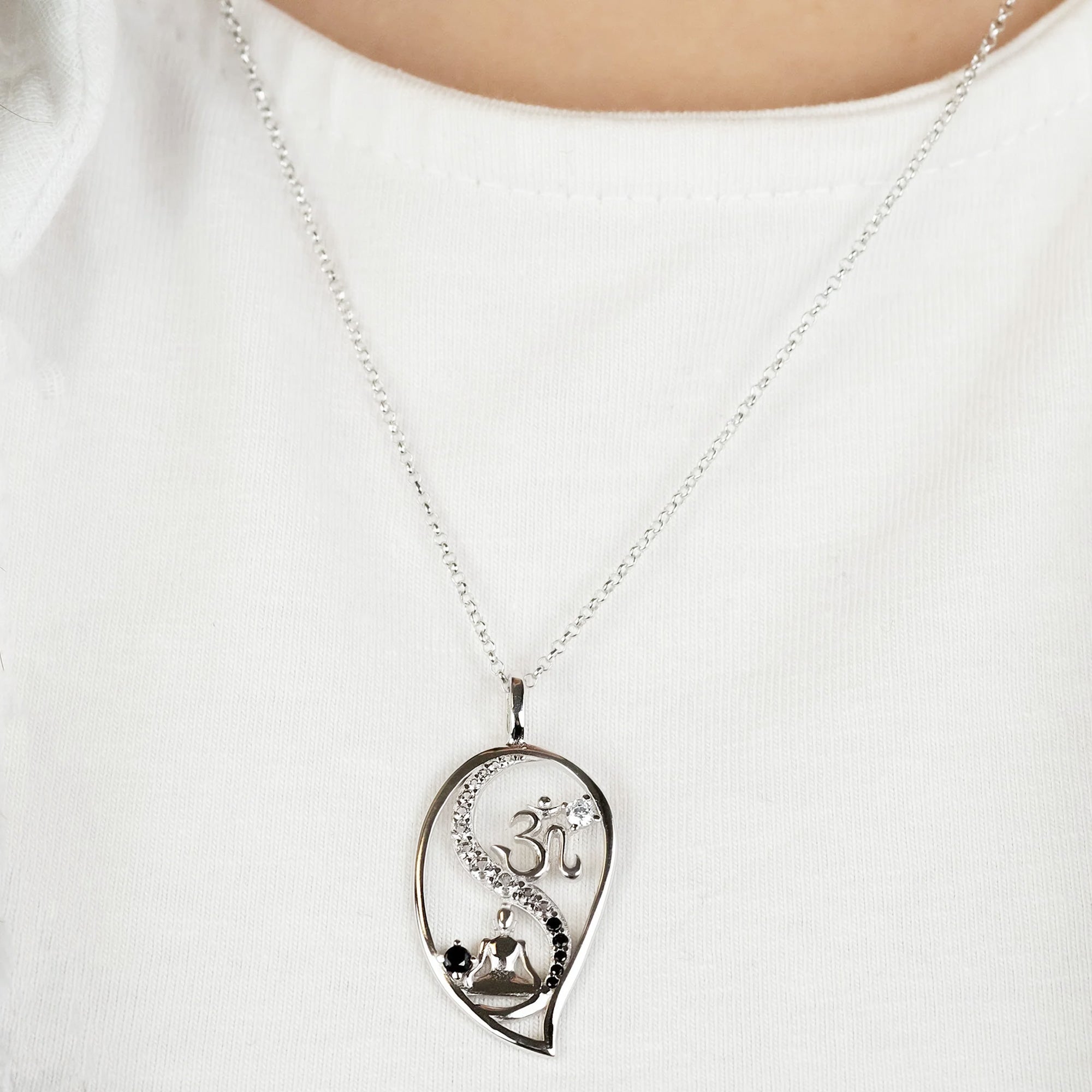 Woman Wearing Sterling Silver Dark Shade Yin Yang Balance Buddha Om CZ Necklace