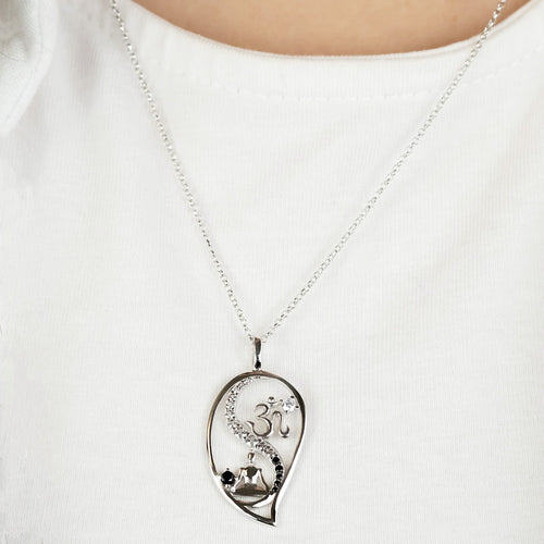 Woman Wearing Sterling Silver Dark Shade Yin Yang Balance Buddha Om CZ Necklace