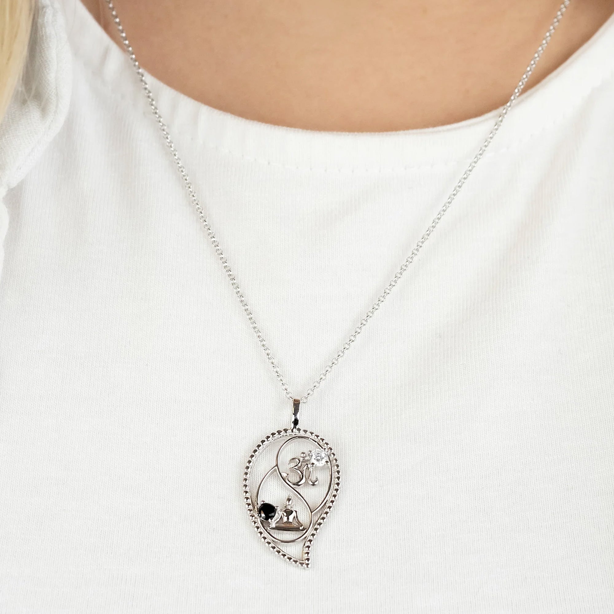 Woman Wearing Sterling Silver Yin Yang Balance Buddha Om CZ Necklace