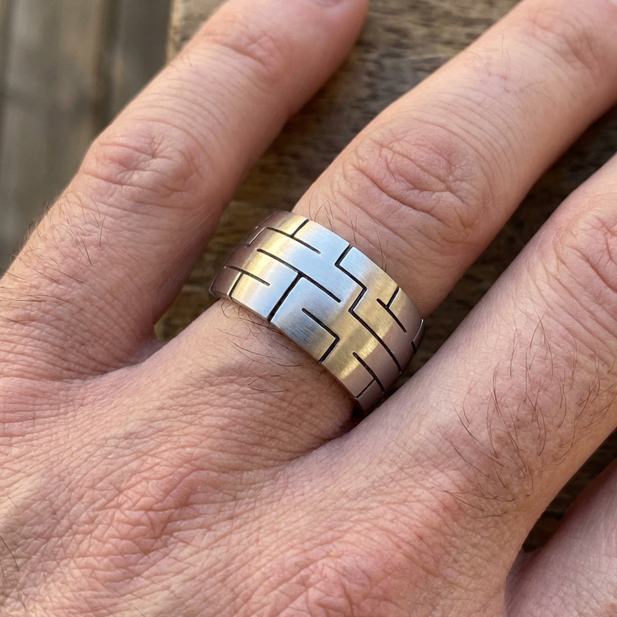 Man Wearing Stainless Steel Men’s Geometric Maze Ring