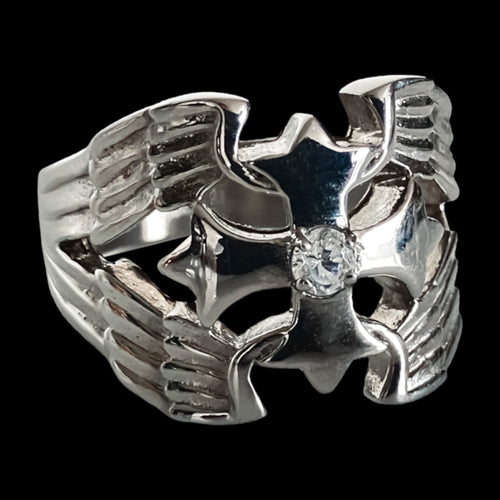 Medieval Cross & Wings Men's Stainless Steel Biker-Style Ring