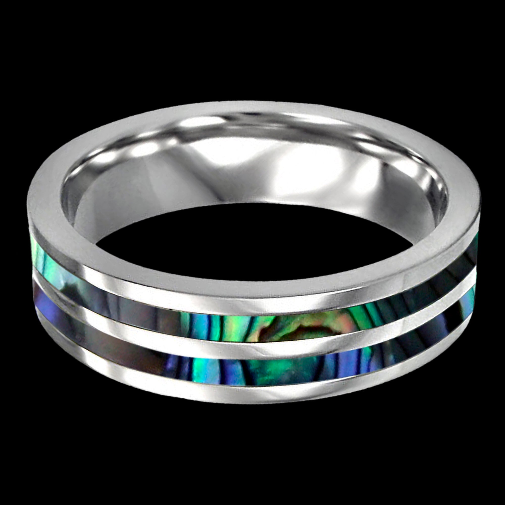 Stainless Steel Men’s Abalone Paua Inlay Ring - Top View