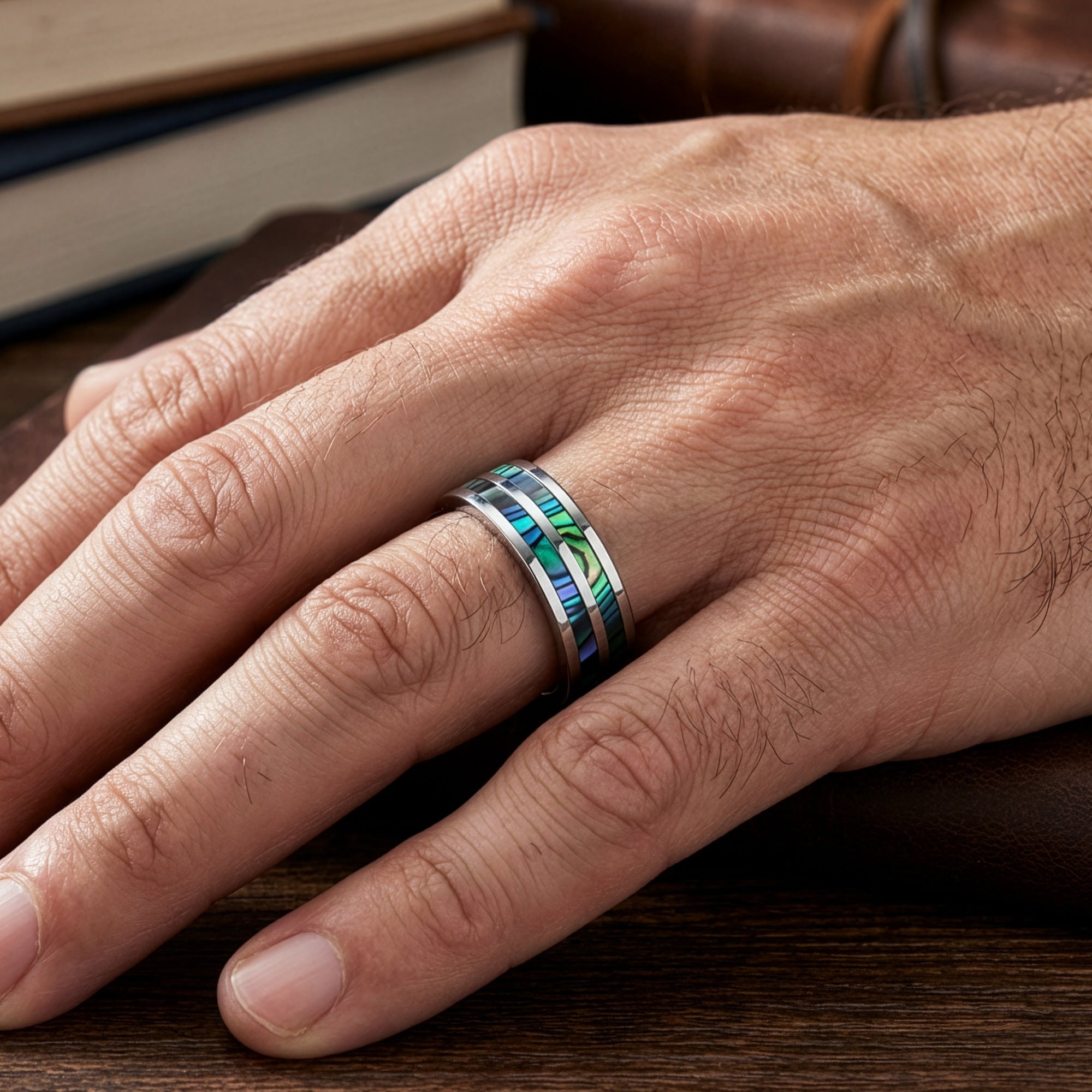 Man Wearing Stainless Steel Men’s Abalone Paua Shell Inlay Ring