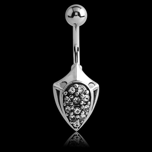 Stainless Steel Bevelled Shield Pave Gem Belly Bar