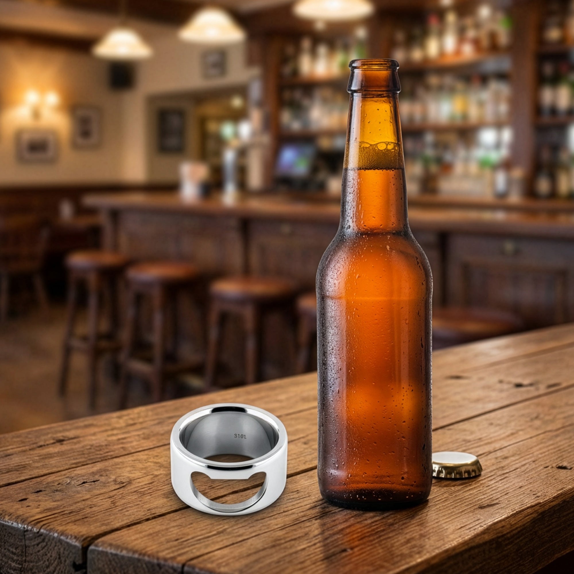 Stainless Steel Bottle Opener Ring Next To Open Beer Bottle