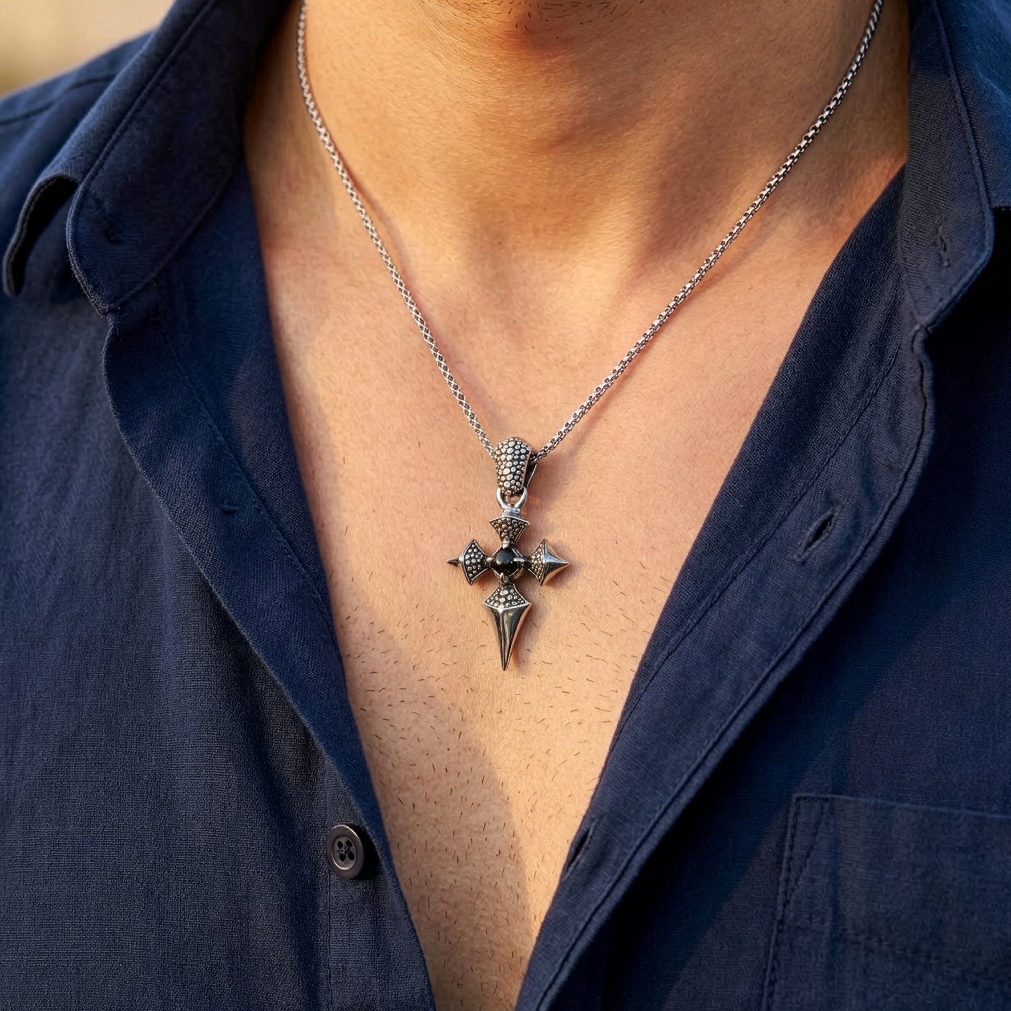 Man Wearing Stainless Steel Men's Onyx Dagger Cross Necklace