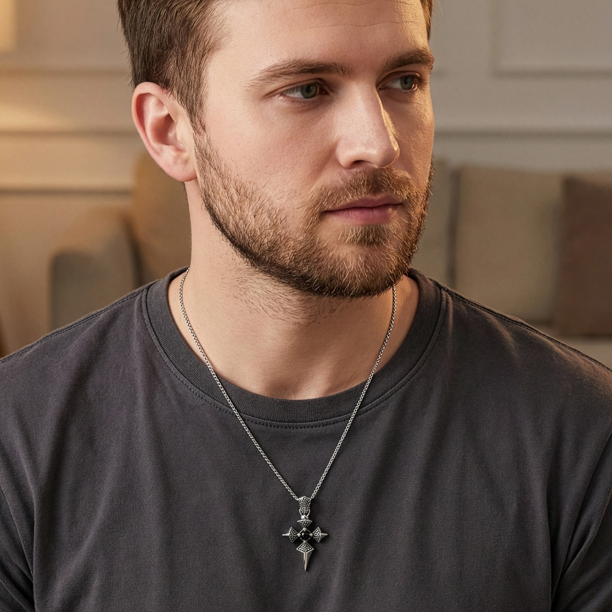 Close Up Man Wearing Stainless Steel Men's Onyx Dagger Cross Necklace