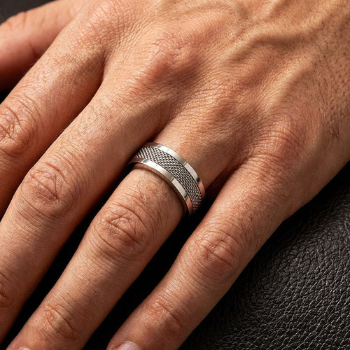 Man Wearing Stainless Steel Mesh Channel Ring