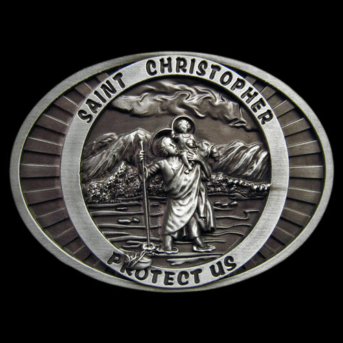 SAINT CHRISTOPHER PROTECT US BELT BUCKLE