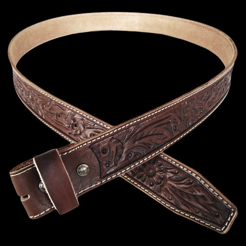 EMBOSSED LEATHER WESTERN BROWN BELT FOR BELT BUCKLE