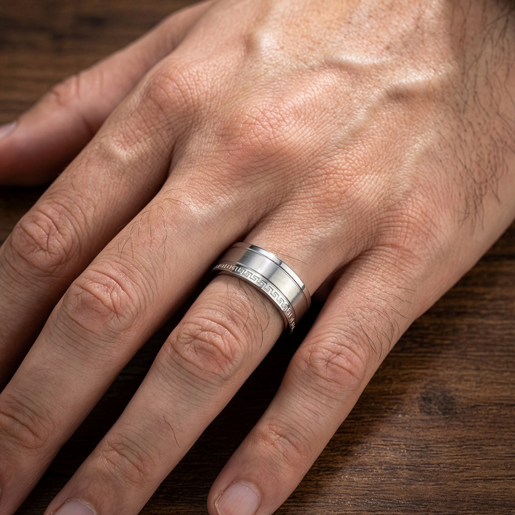 Man Wearing Stainless Steel Men's Greek Key Edge Ring