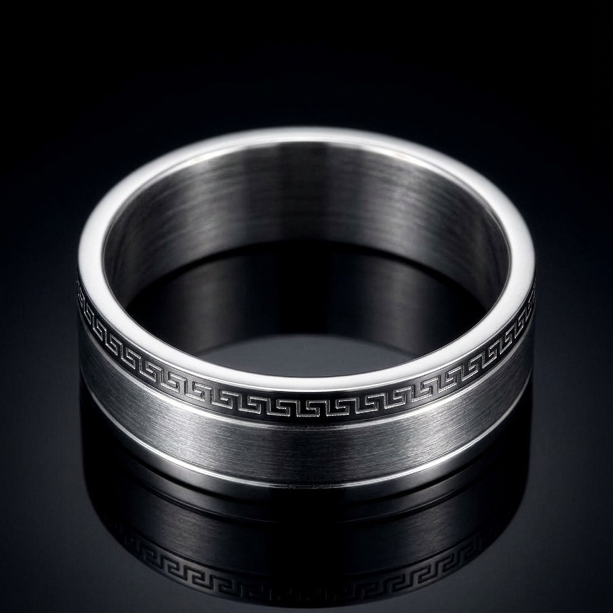 Stainless Steel Men's Greek Key Edge Ring One Mirror Finish Table