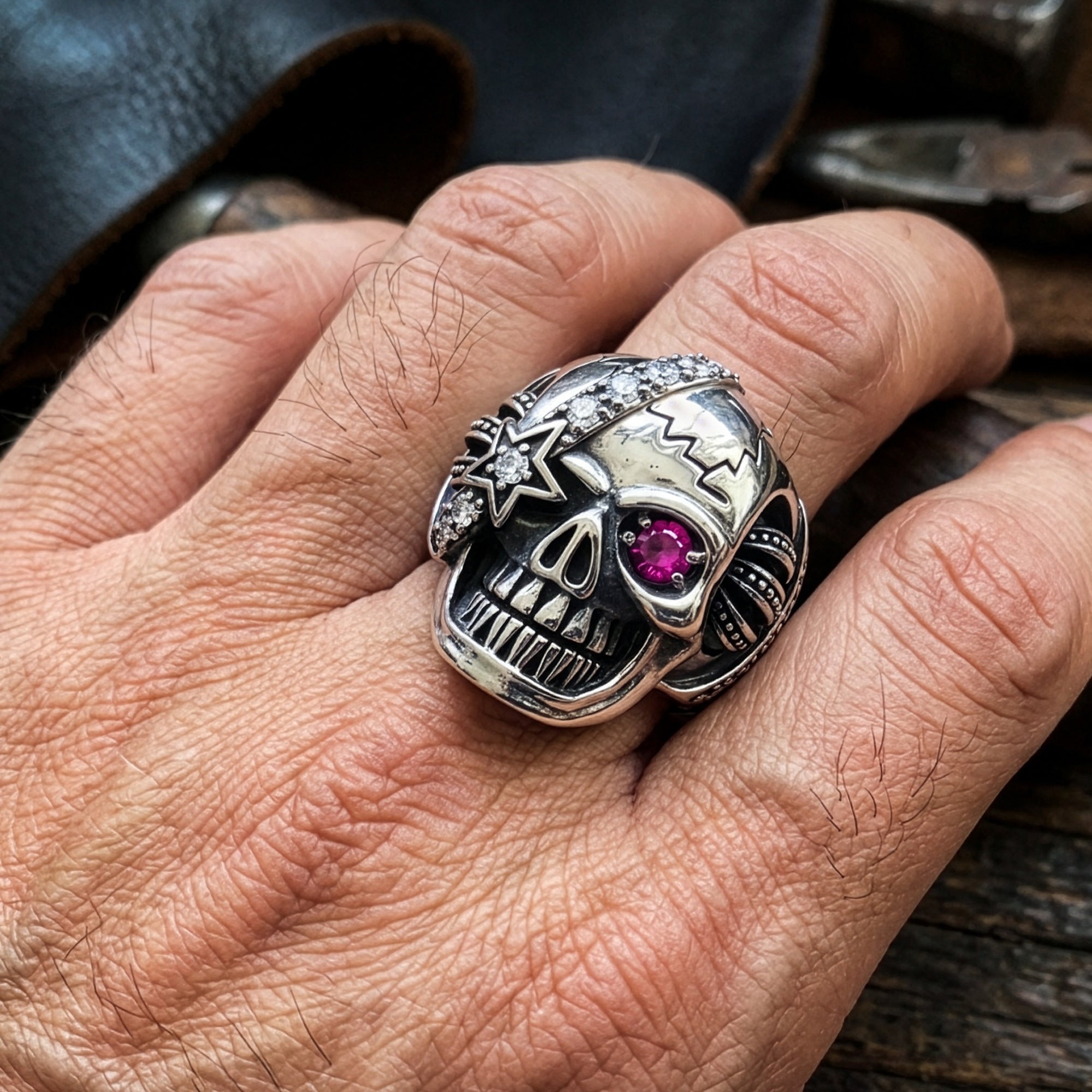 Man Wearing Stainless Steel Men's Skull Eye Patch Ring