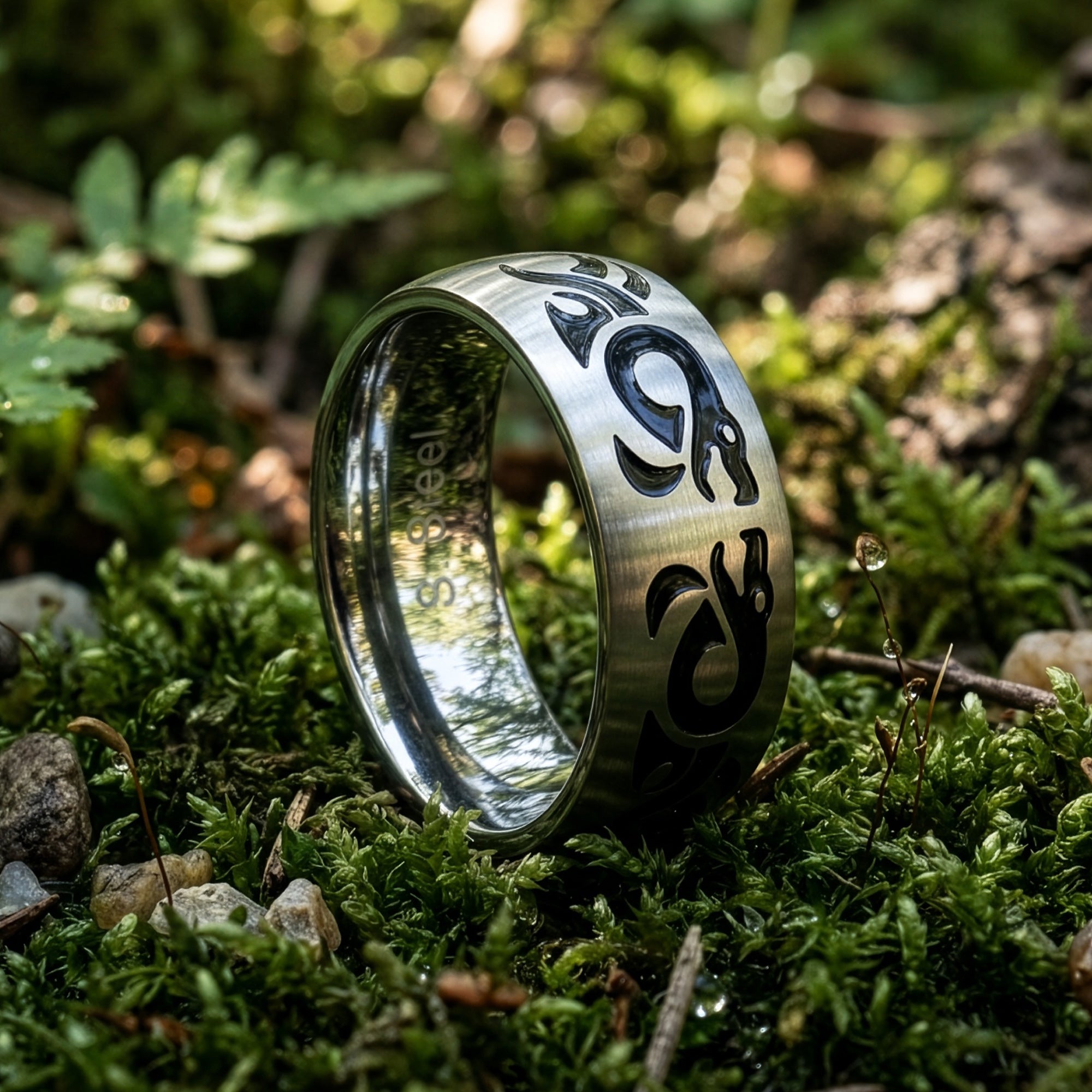 Stainless Steel Men's Black Enamel Celtic Dragon Ring In Grass Setting