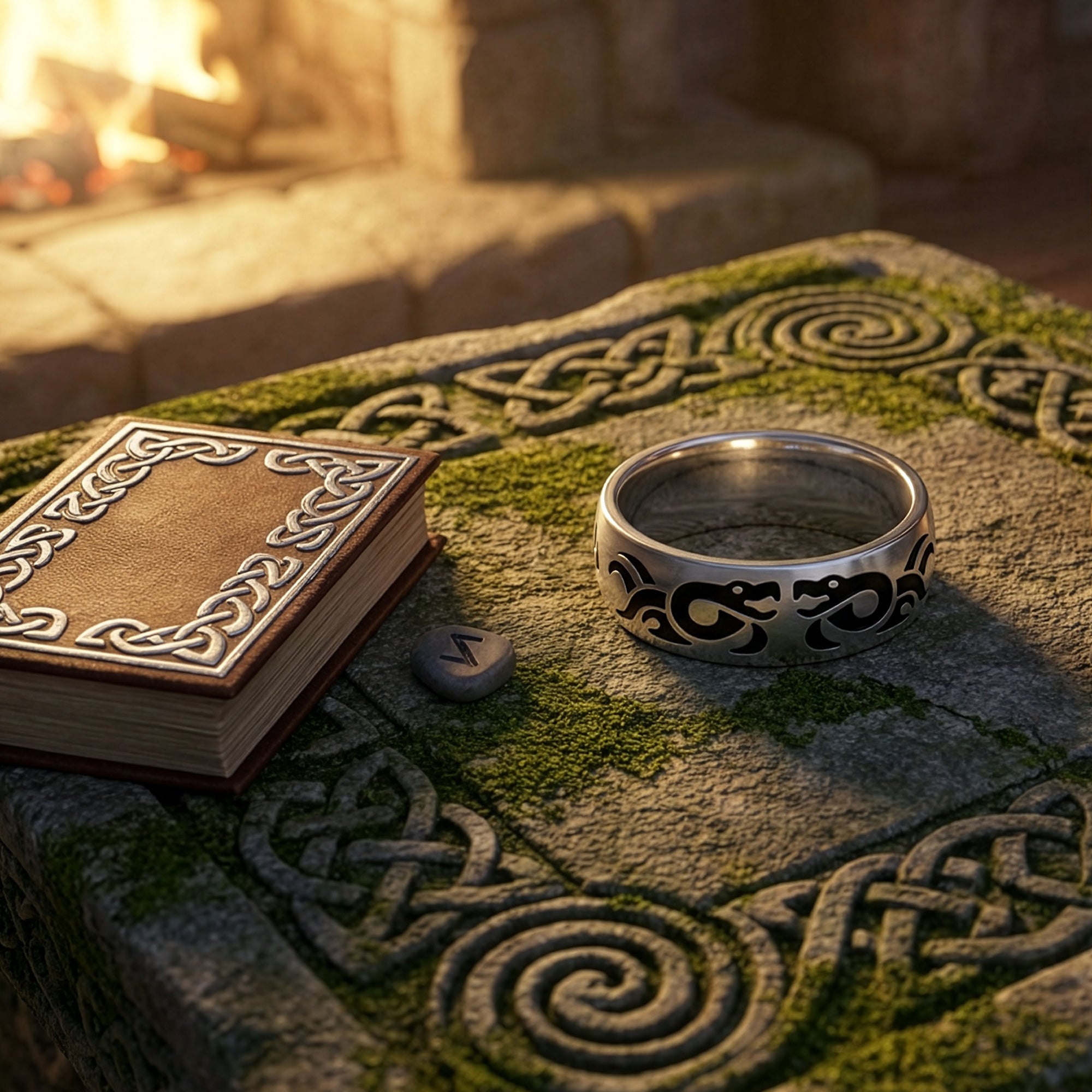 Stainless Steel Men's Black Enamel Celtic Dragon Ring In An Old Celtic Home