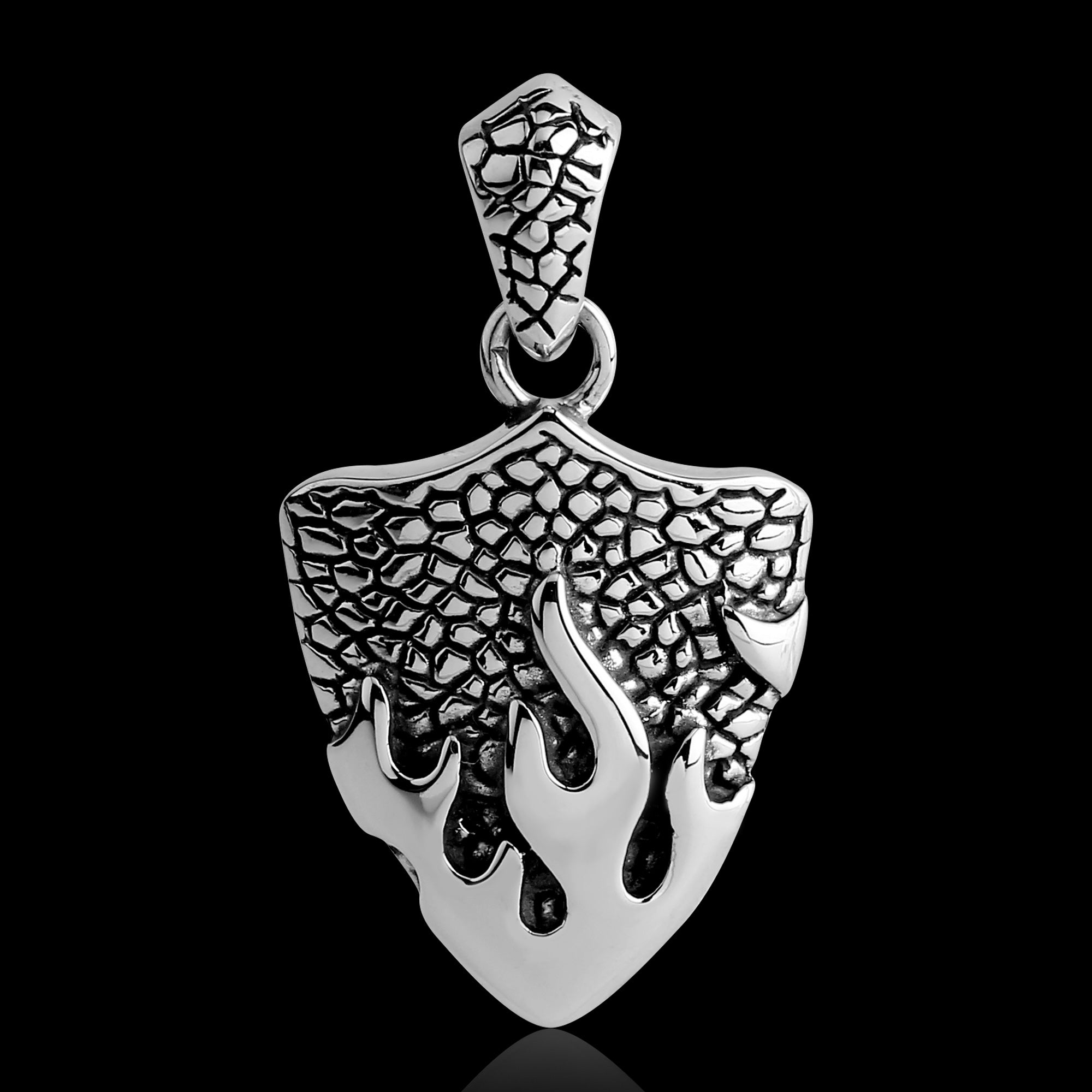 Stainless Steel Men's Battle Flames Shield Necklace