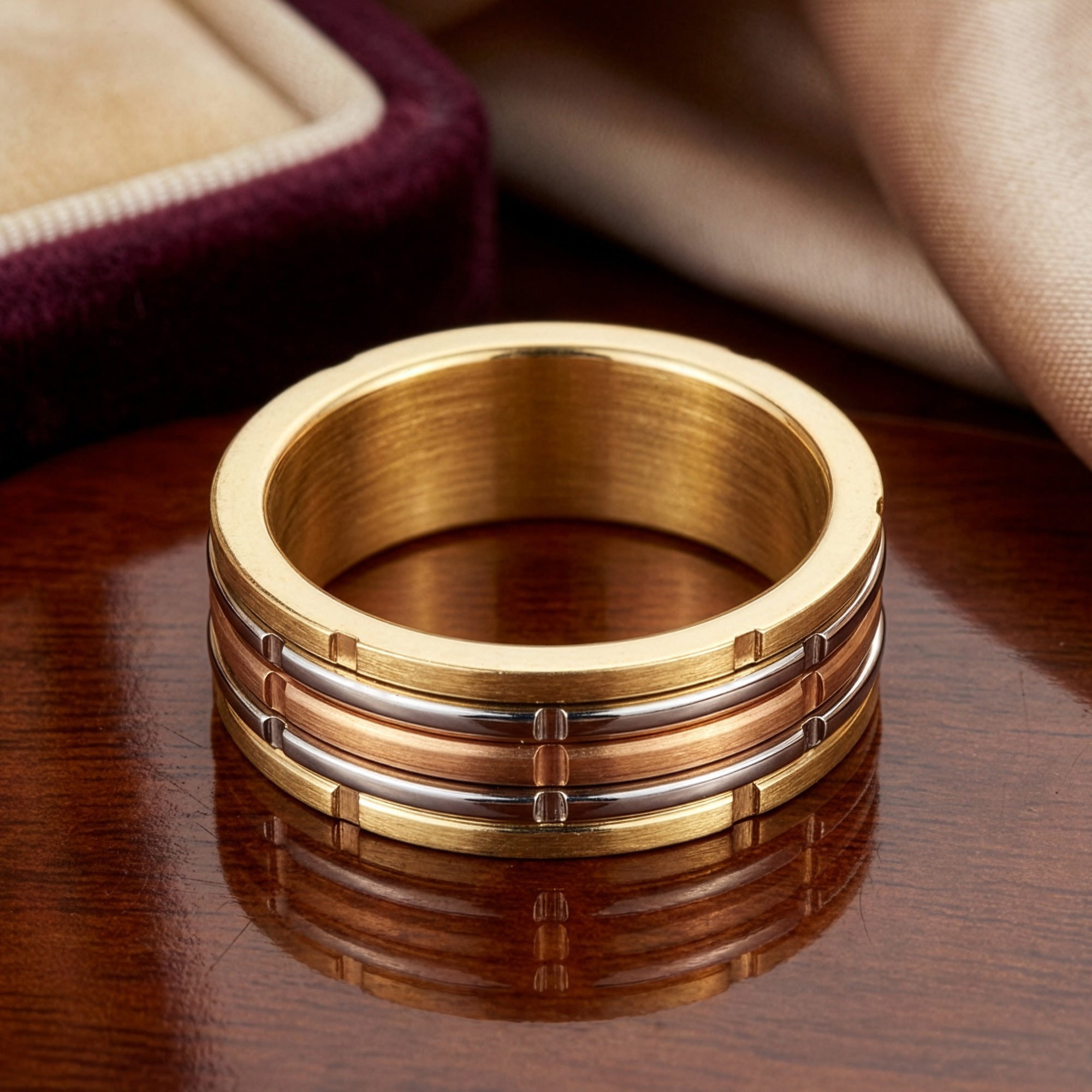 Stainless Steel Gold Notched Band Ring On A Laquered Wood Table