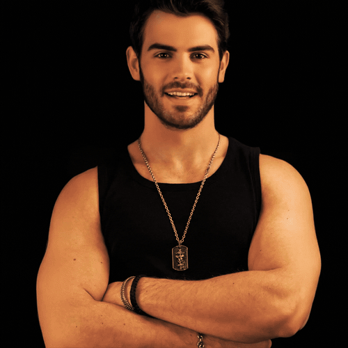 Man Wearing Save Brave Men’s Jack Skull & Dagger Dog Tag Necklace