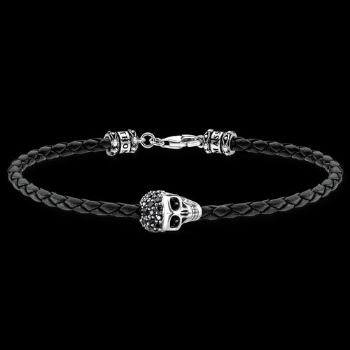 THOMAS SABO PAVE SKULL BLACK LEATHER BRACELET