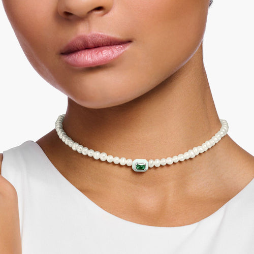 THOMAS SABO PEARL GREEN STONE CHOKER NECKLACE - MODEL VIEW