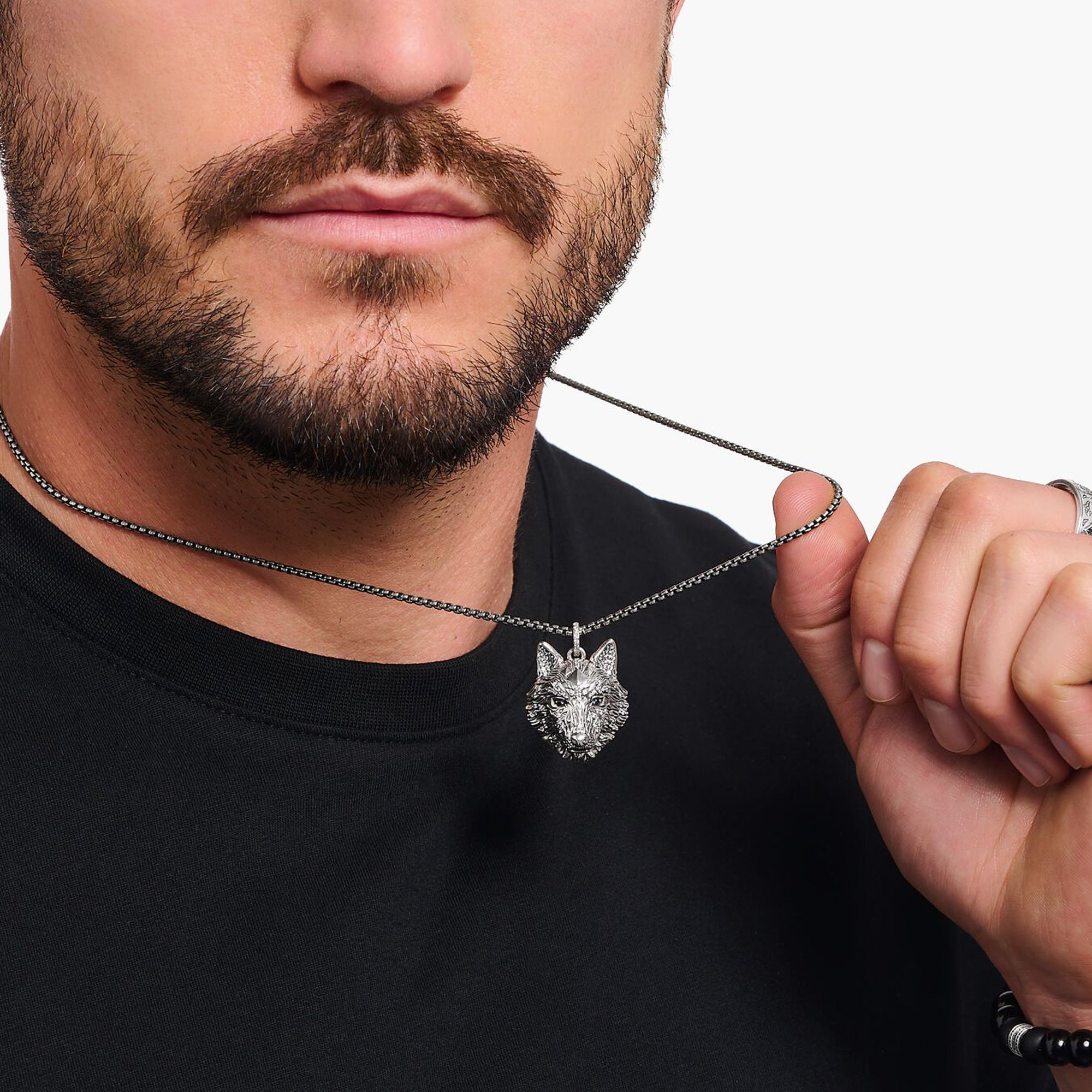 Man Wearing Thomas Sabo Rebel Wolf Head Sterling Silver Pendant