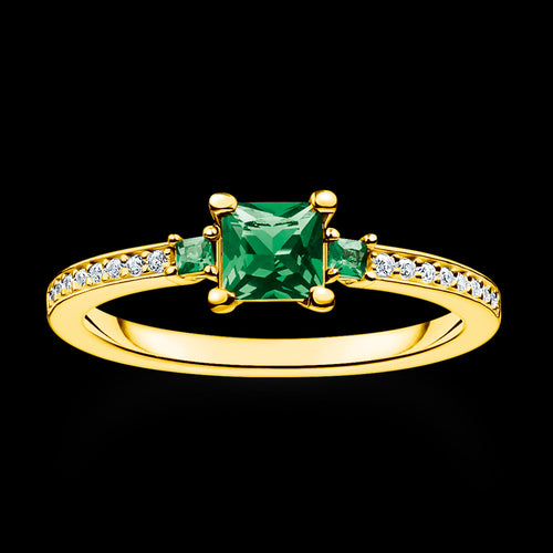 THOMAS SABO PAVE EMERALD GREEN SQUARE SOLITAIRE GOLD RING