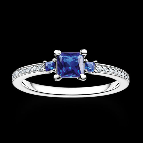 THOMAS SABO PAVE SAPPHIRE BLUE SQUARE SOLITAIRE SILVER RING