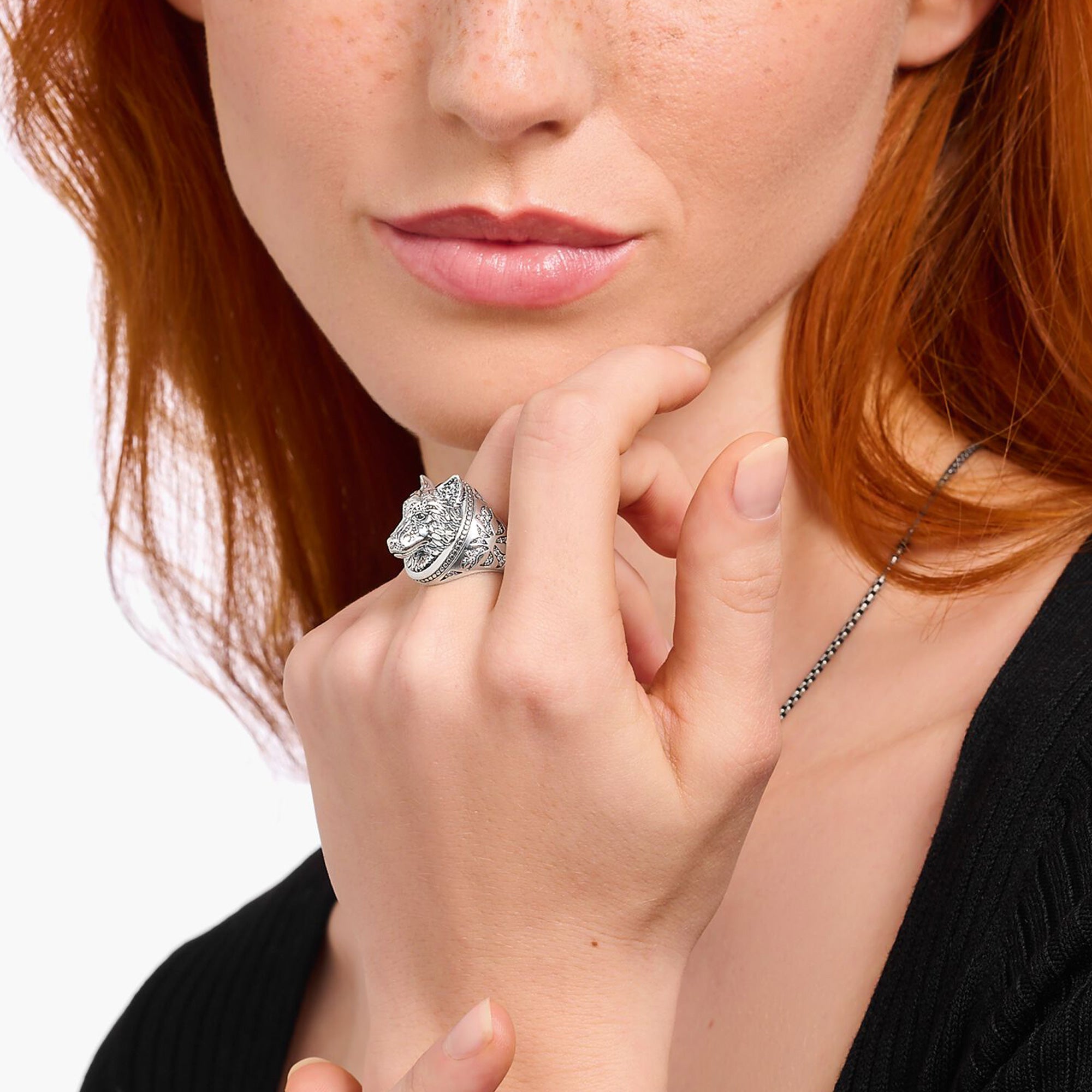Woman Wearing Thomas Sabo Rebel Wolf Sterling Silver Signet Ring