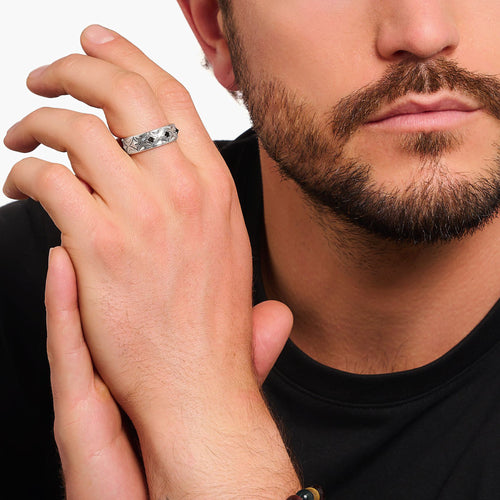 Man Wearing Thomas Sabo Rebel Wolf Silver Band Ring