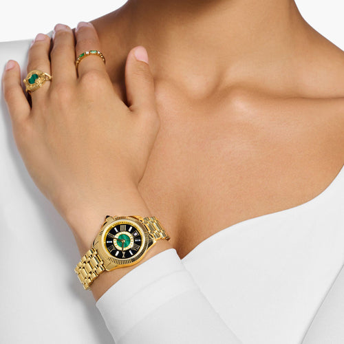 THOMAS SABO LADIES MYSTIC ISLAND GOLD MALACHITE WATCH - MODEL VIEW