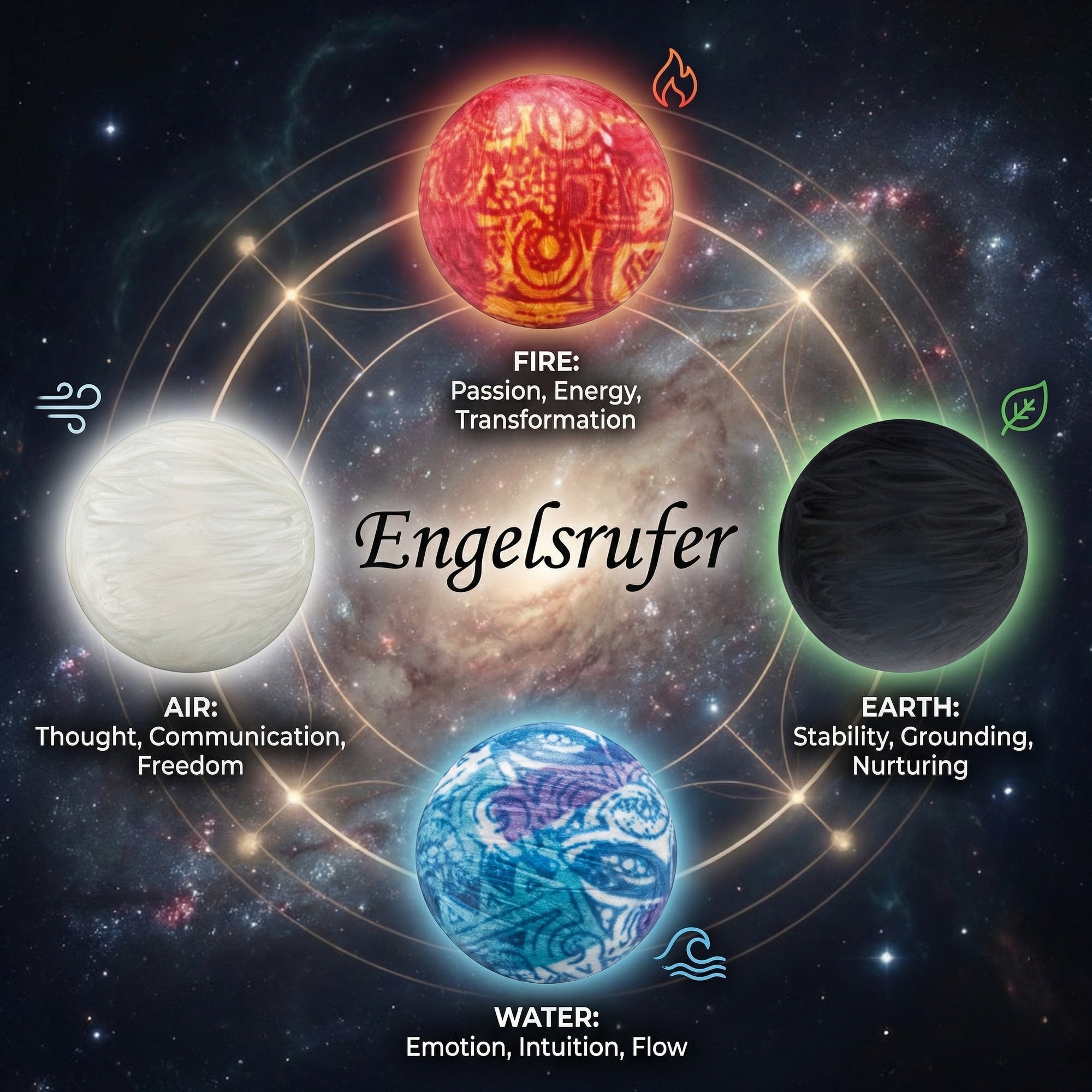 Infographic of the four elements and their meanings as represented in the Engelsrufer Luna soundball collection.