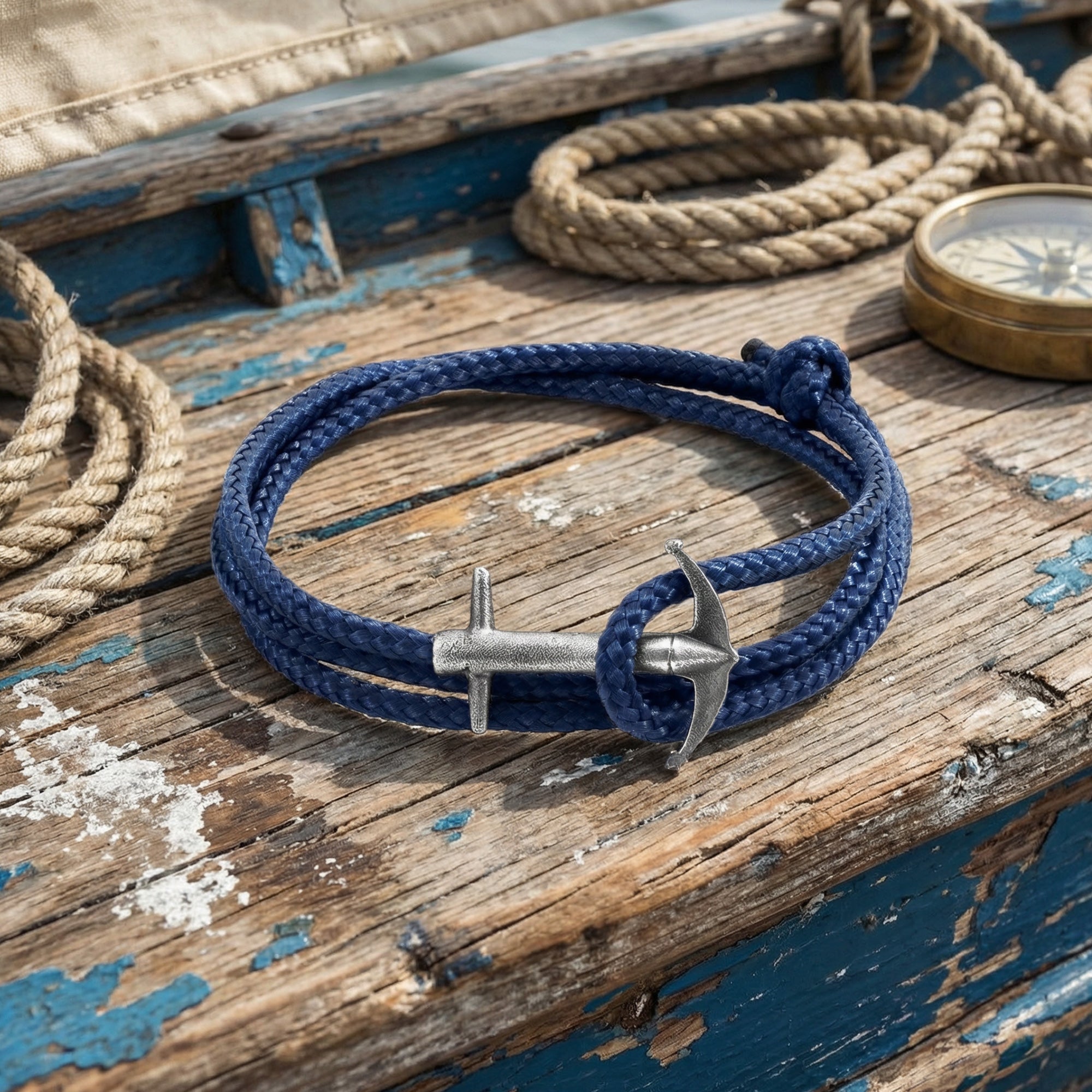 Anchor & Crew Admiral sterling silver navy blue rope bracelet on deck of small boat with rope and compass.