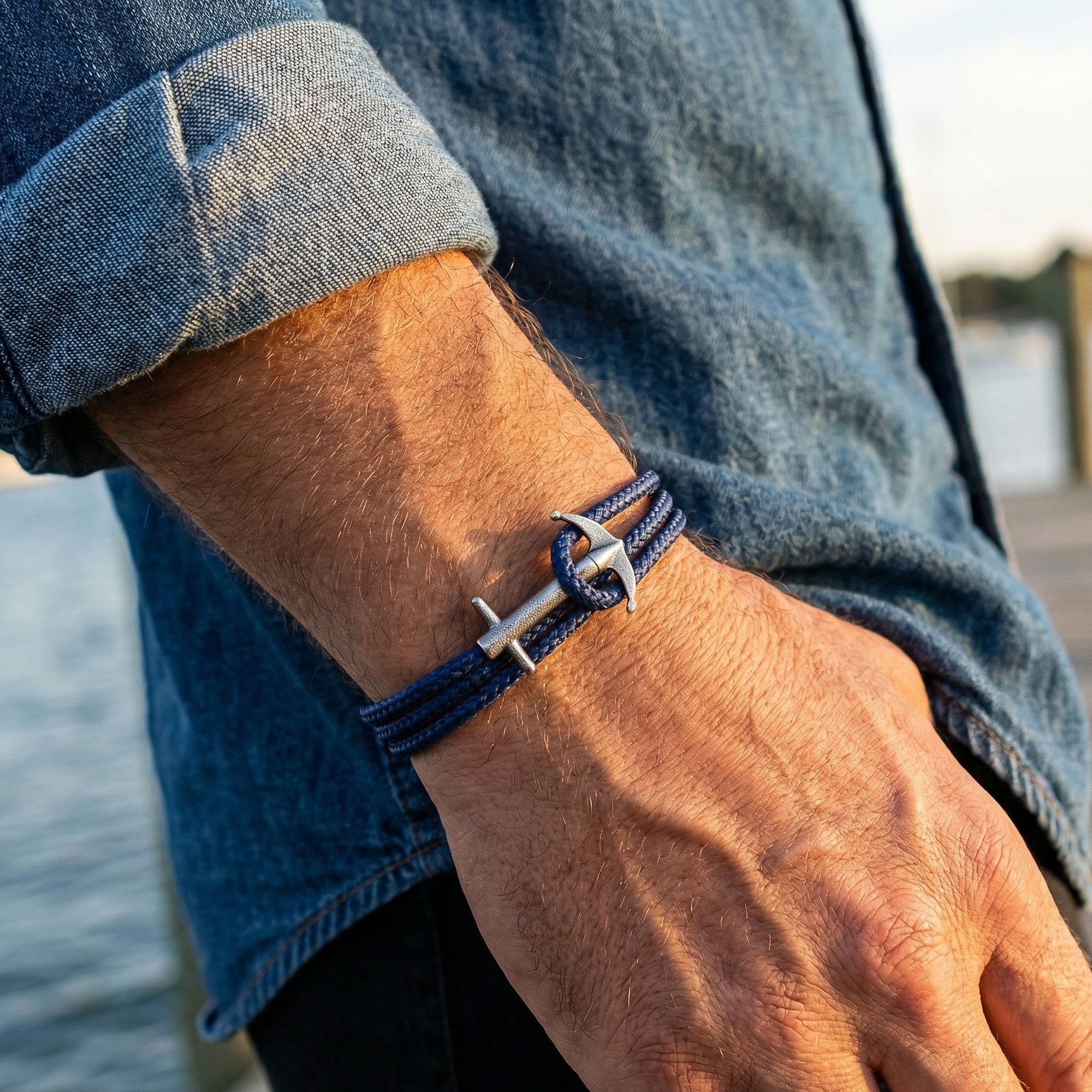 Close-up of man's wrist wearing Anchor & Crew Admiral sterling silver navy blue rope bracelet.
