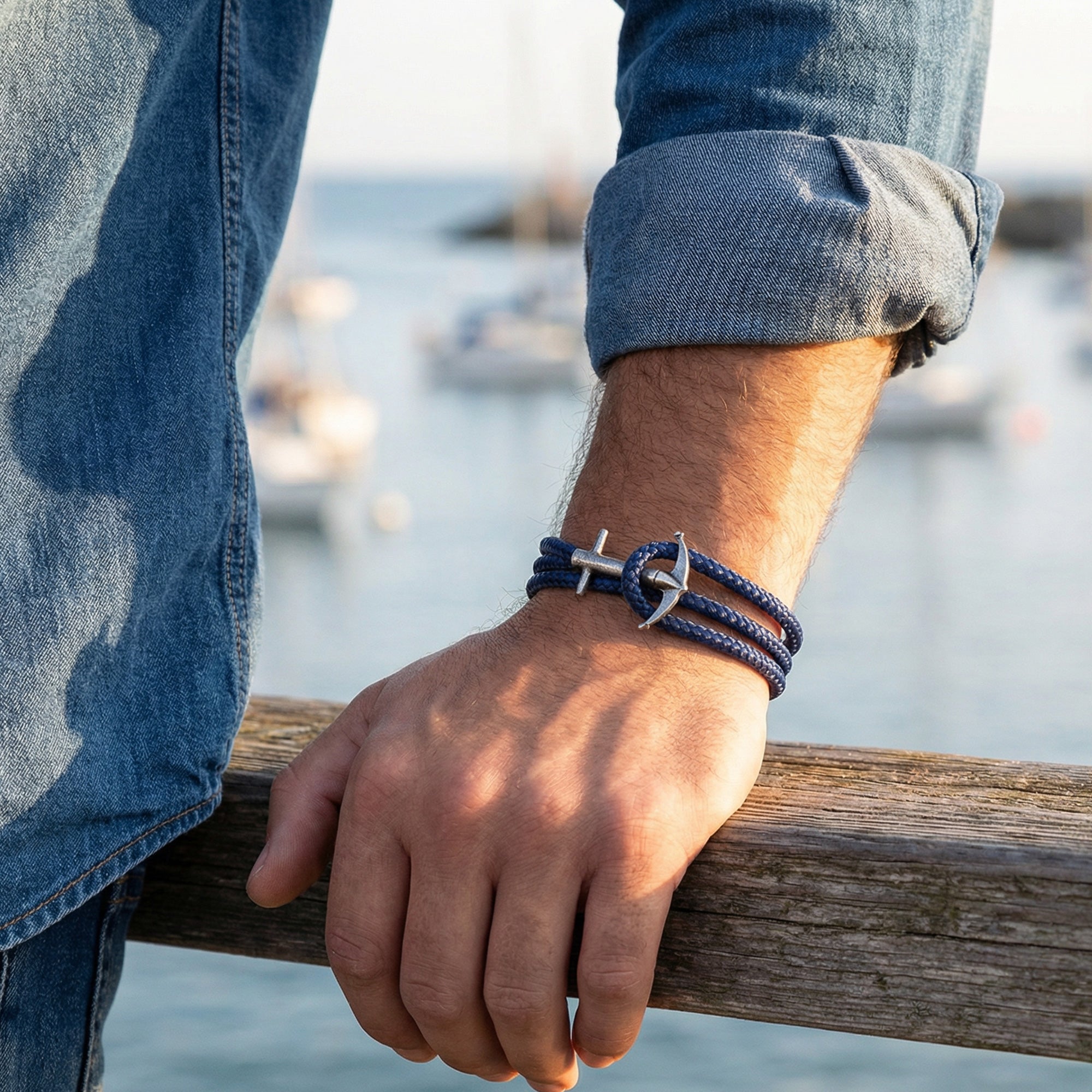 Man wearing Anchor & Crew Admiral sterling silver navy blue rope bracelet on wrist.
