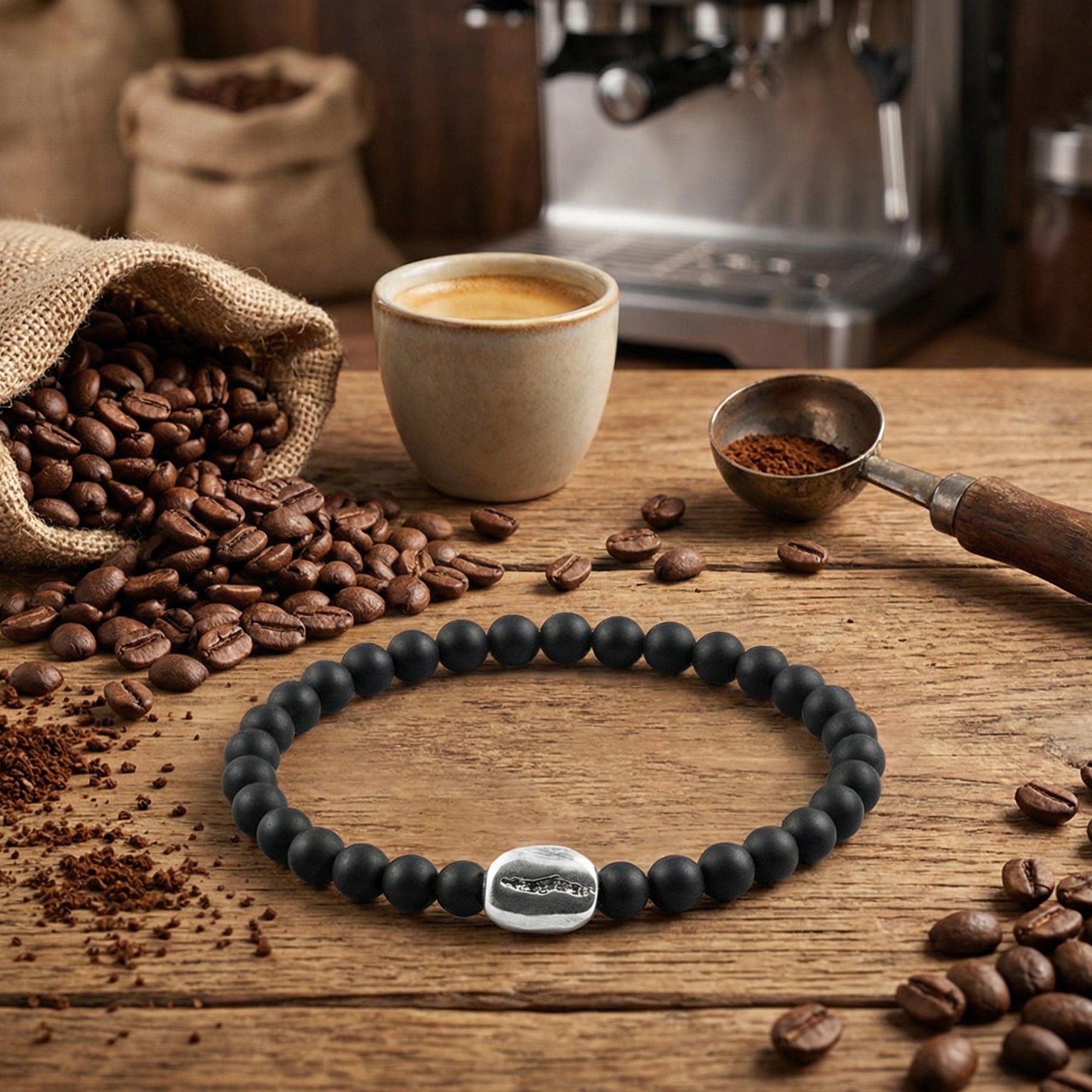 Anchor & Crew coffee bean silver black agate stone bracelet on wood table with coffee beans and cup of coffee.