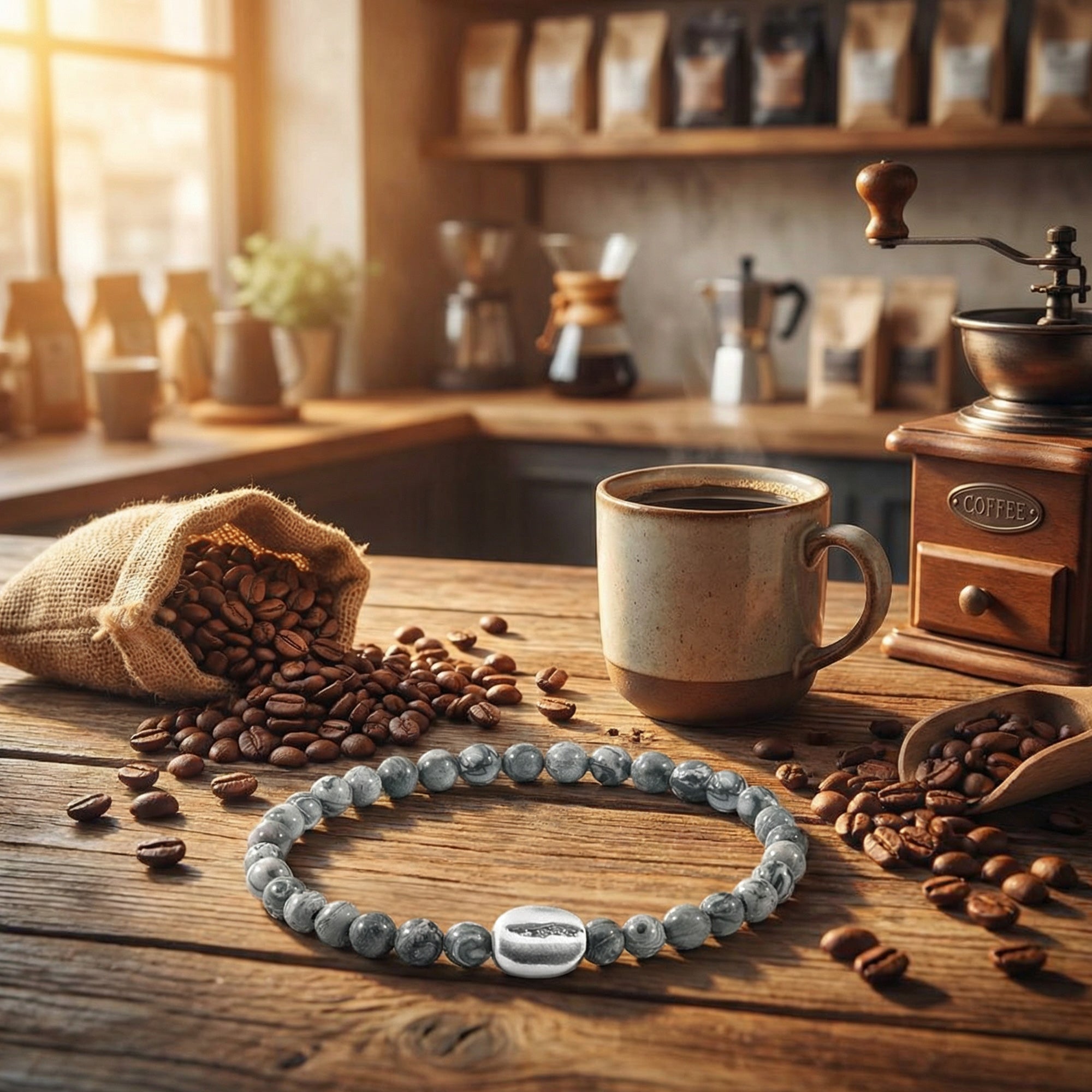 Anchor & Crew coffee bean silver grey jasper stone bracelet on a rustic kitchen bench with coffee beans, grinder and cup of coffee.