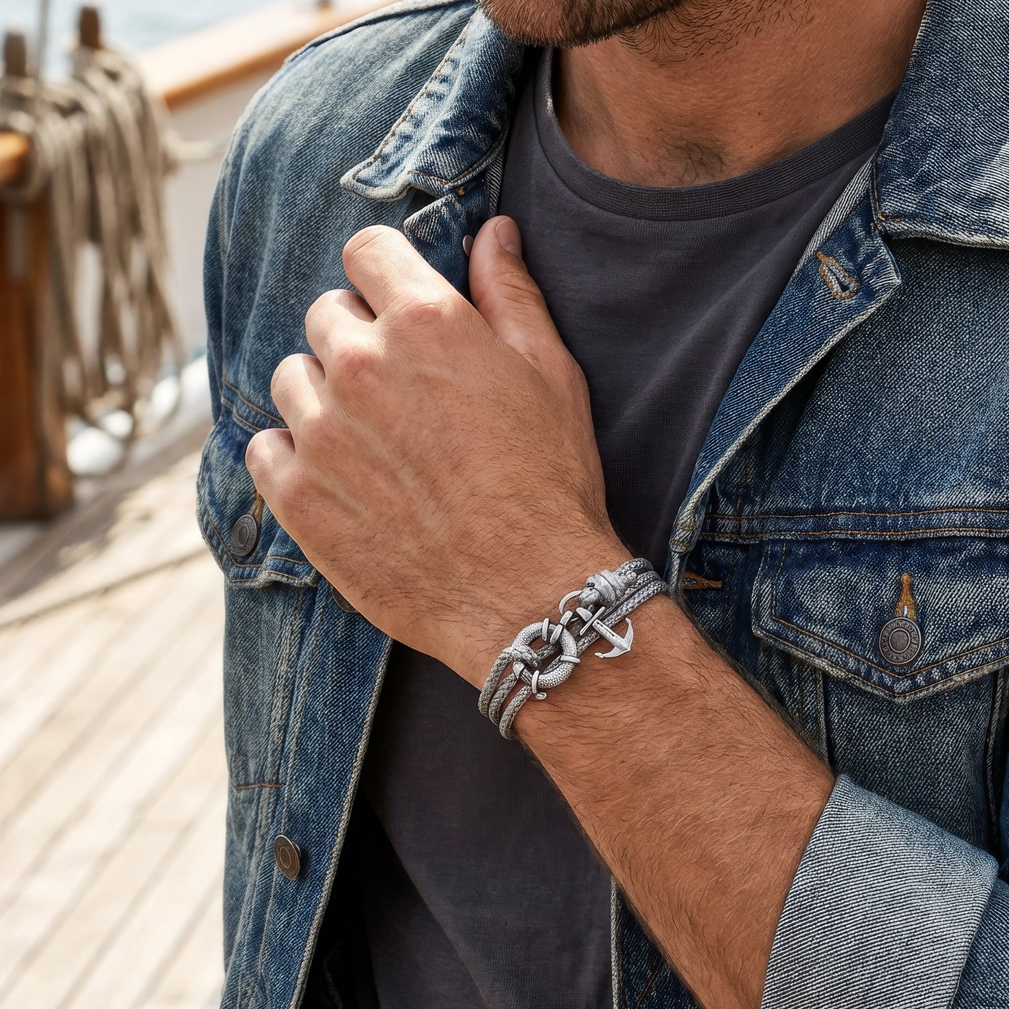 Man wearing Anchor & Crew Clyde sterling silver grey rope bracelet on the deck of an old sailing ship.