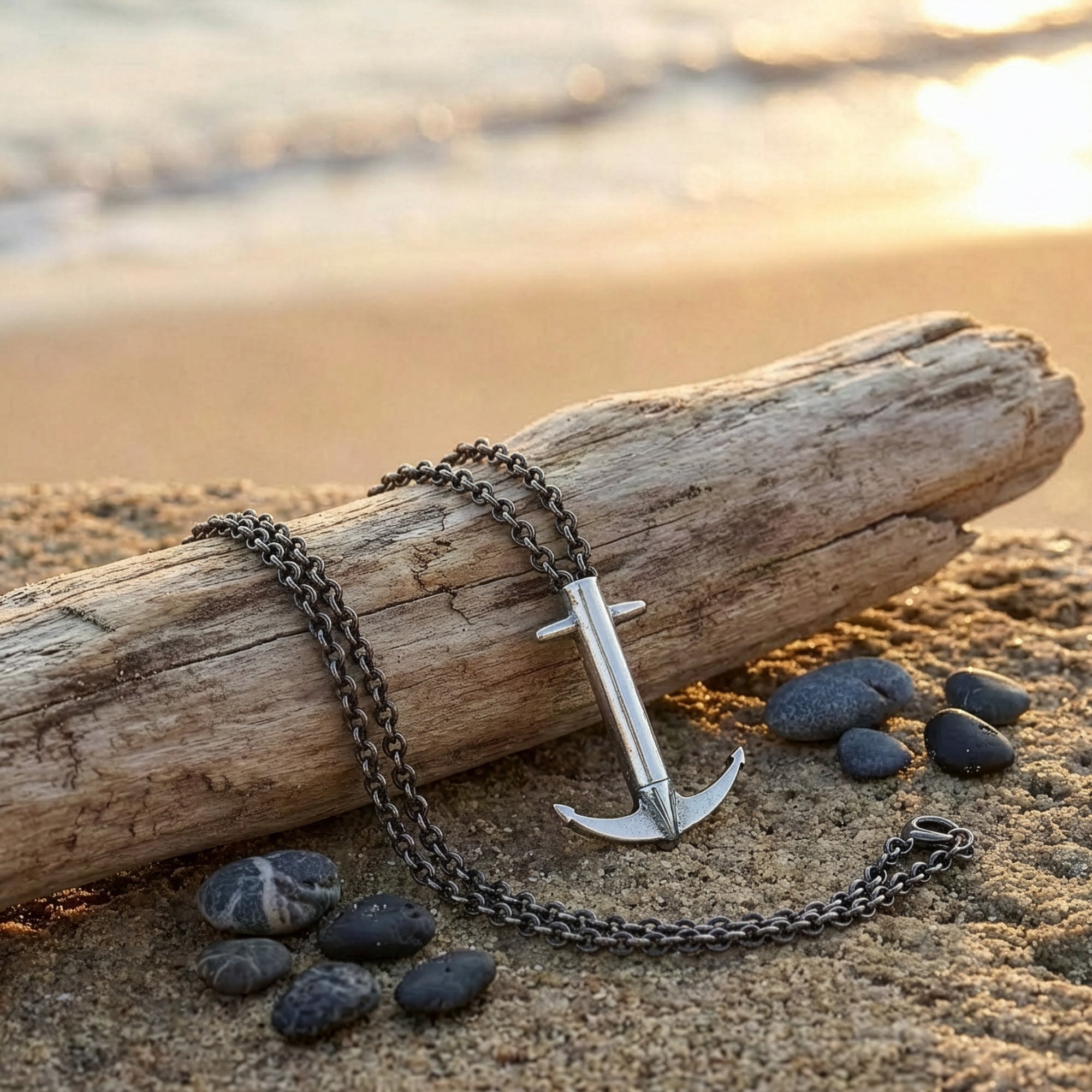 Anchor & Crew Admiral Anchor sterling silver necklace on the beach.