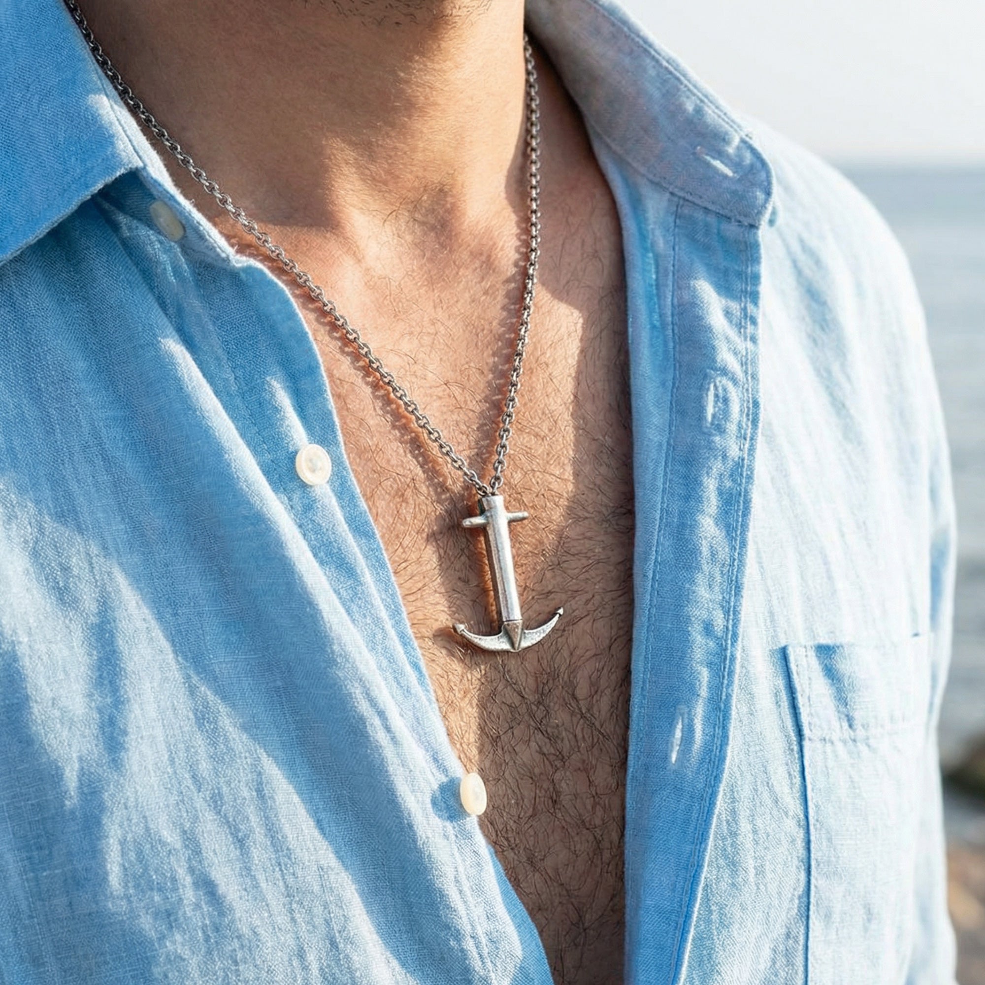 Close Up Man Wearing Anchor & Crew Admiral anchor sterling silver necklace.