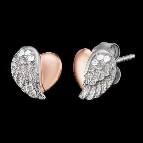 Angel Wing Heart Rose Gold Silver CZ Stud Earrings | Engelsrufer