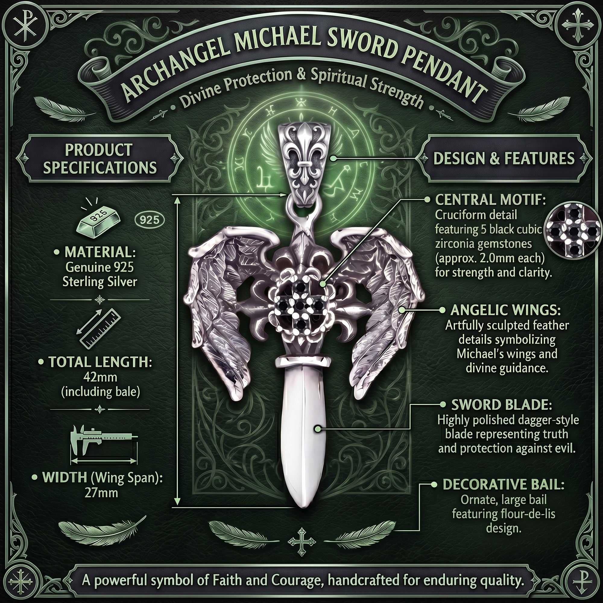 Archangel Michael sword silver pendant infographic featuring specifications including measurements and design details.