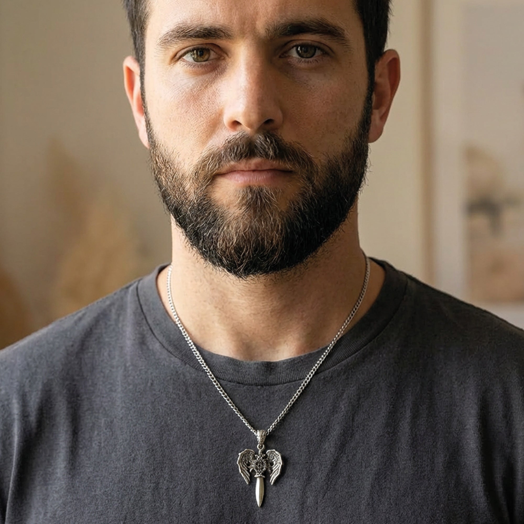 Man wearing an Archangel Michael sword silver necklace.